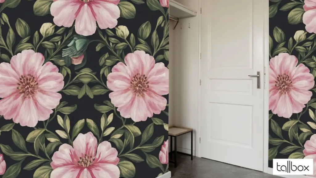 Floral wallpaper with large pink flowers and green leaves graces the small entryway near a white door and a bench, offering creative decorating ideas.