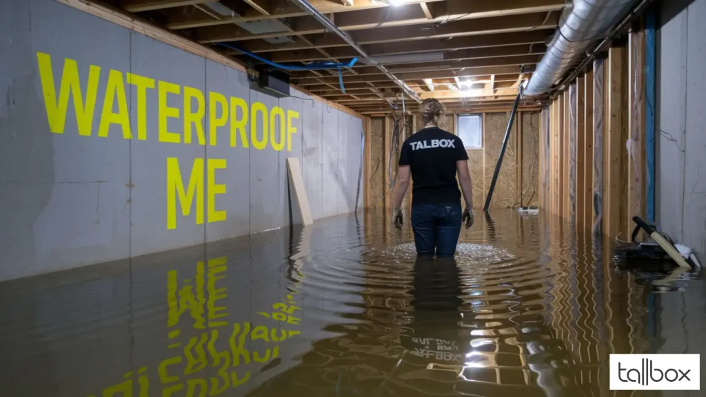 A person in a flooded basement wearing a "Tallbox" shirt stands beside large text on the wall reading "WATERPROOF ME." It's a stark reminder of essential tips for effective basement waterproofing.