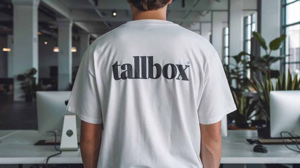 A person in a "tallbox" t-shirt stands in an office environment with computers, plants, and stunning architecture renderings, highlighting the creative use of AI tools.