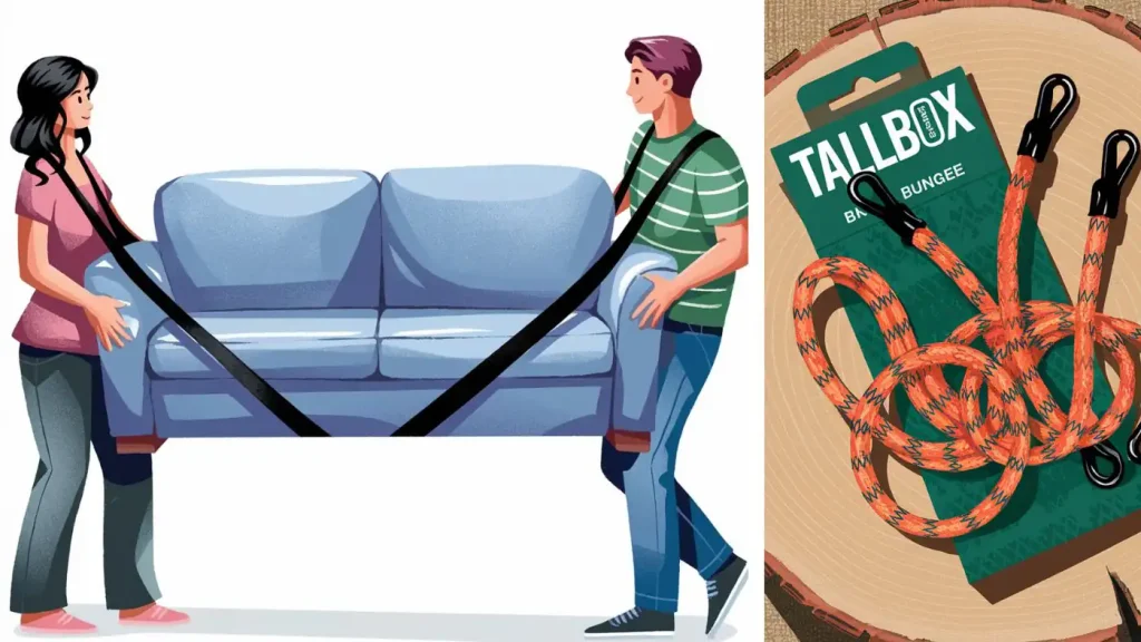 Two people use lifting straps to carry a couch, a crucial step on moving day; a bungee cord package is shown on the right, highlighting packing supplies you can't do without.
