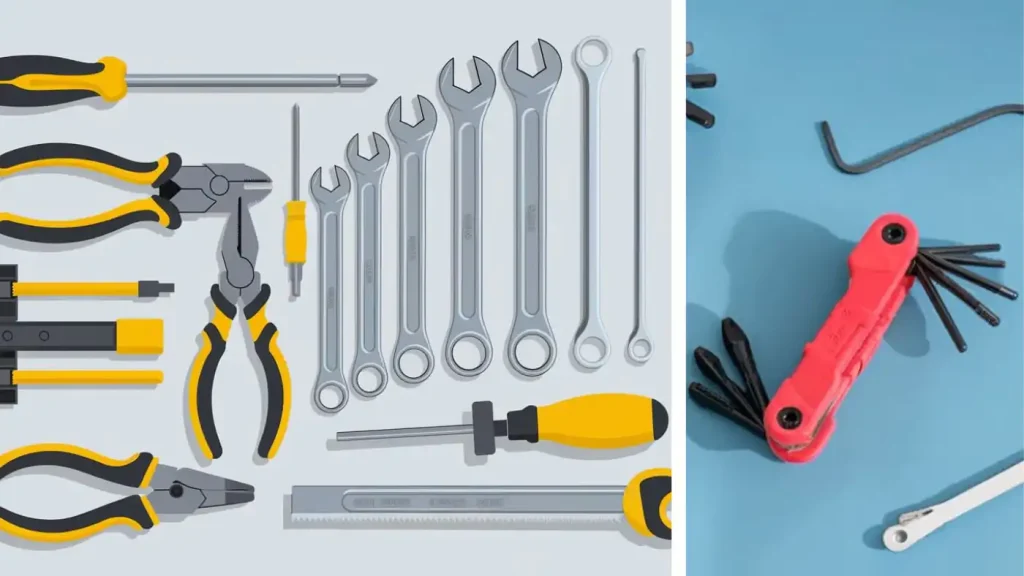 Illustration of various hand tools, including pliers, wrenches, and screwdrivers, on a blue and gray background—essential packing supplies for a seamless moving day.