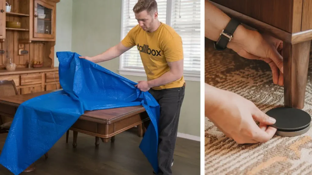 A man in a yellow shirt carefully arranges moving supplies, covering furniture with a blue tarp. His hands skillfully place protectors under each furniture leg, ensuring everything is ready for Moving Day.