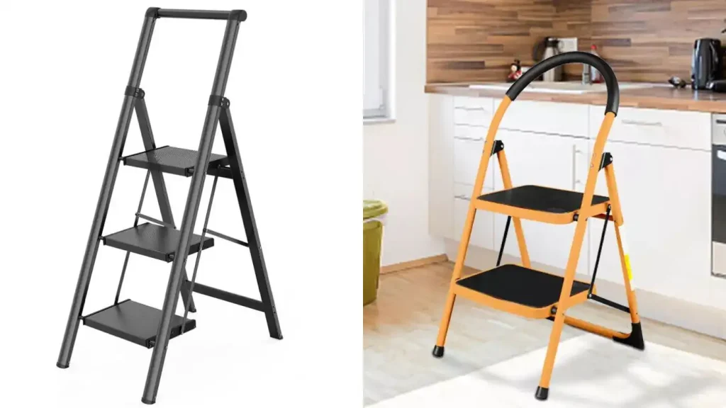 Left: Black three-step ladder, perfect for reaching high shelves while packing supplies. Right: Orange two-step ladder in a kitchen setting, ideal for quick access during moving day preparations.