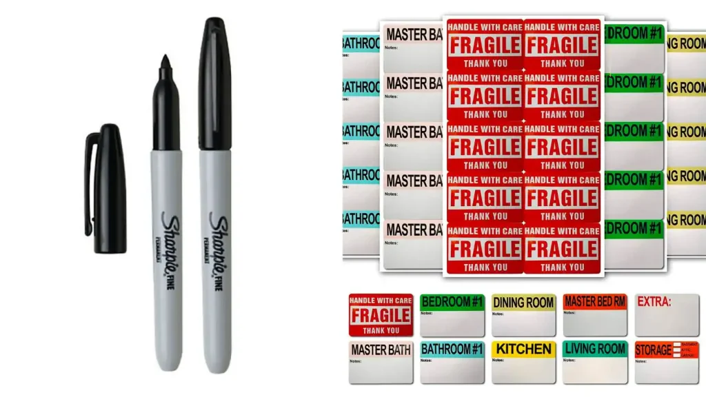 Two black markers rest alongside colorful packing labels, boasting various room names and fragile warnings—essential packing supplies for an efficient moving day.