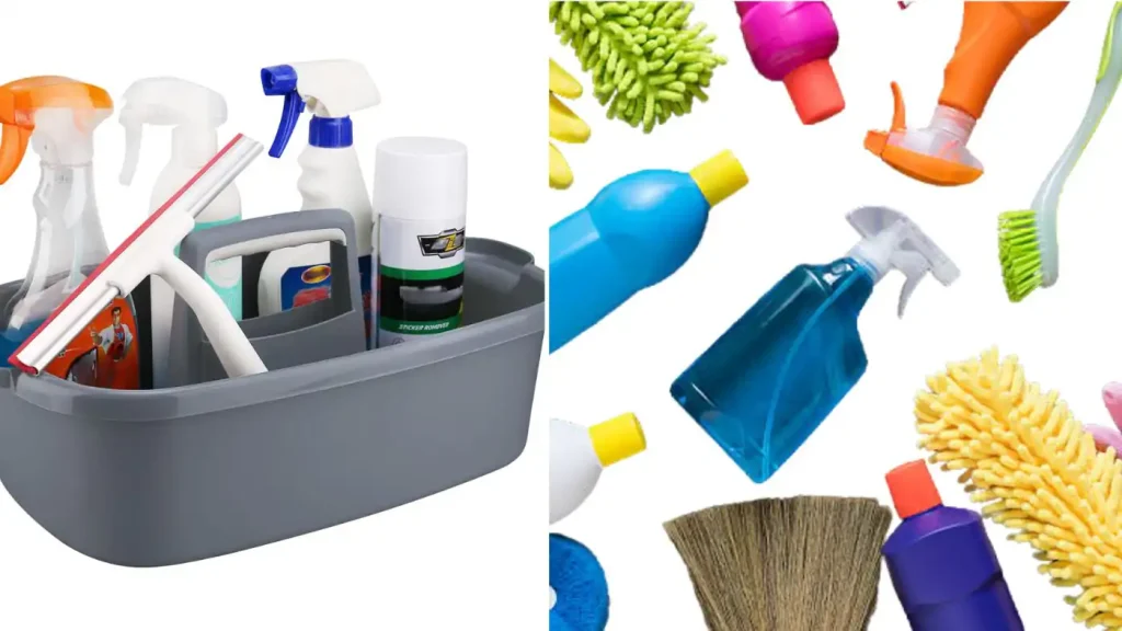 A gray cleaning caddy, stocked with all the essentials and various cleaning products, stands ready on a white background—an organized oasis for moving day amid packing supplies chaos.