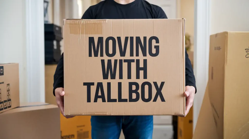A person holds a cardboard box labeled "MOVING WITH TALLBOX," surrounded by other packed boxes, showcasing the packing essentials needed for moving day.