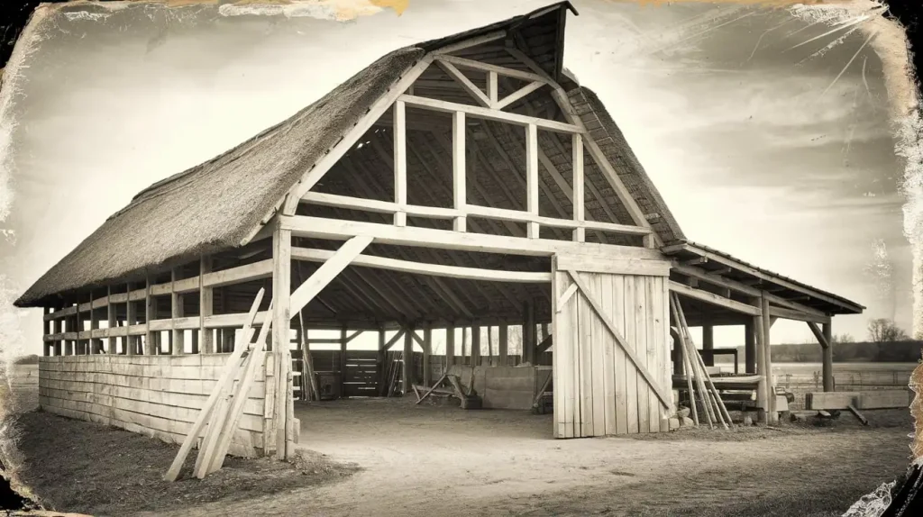 Sepia-toned photo of a rustic, open-sided barnhouse styled in the field, featuring a thatched roof and elegant wooden beams.