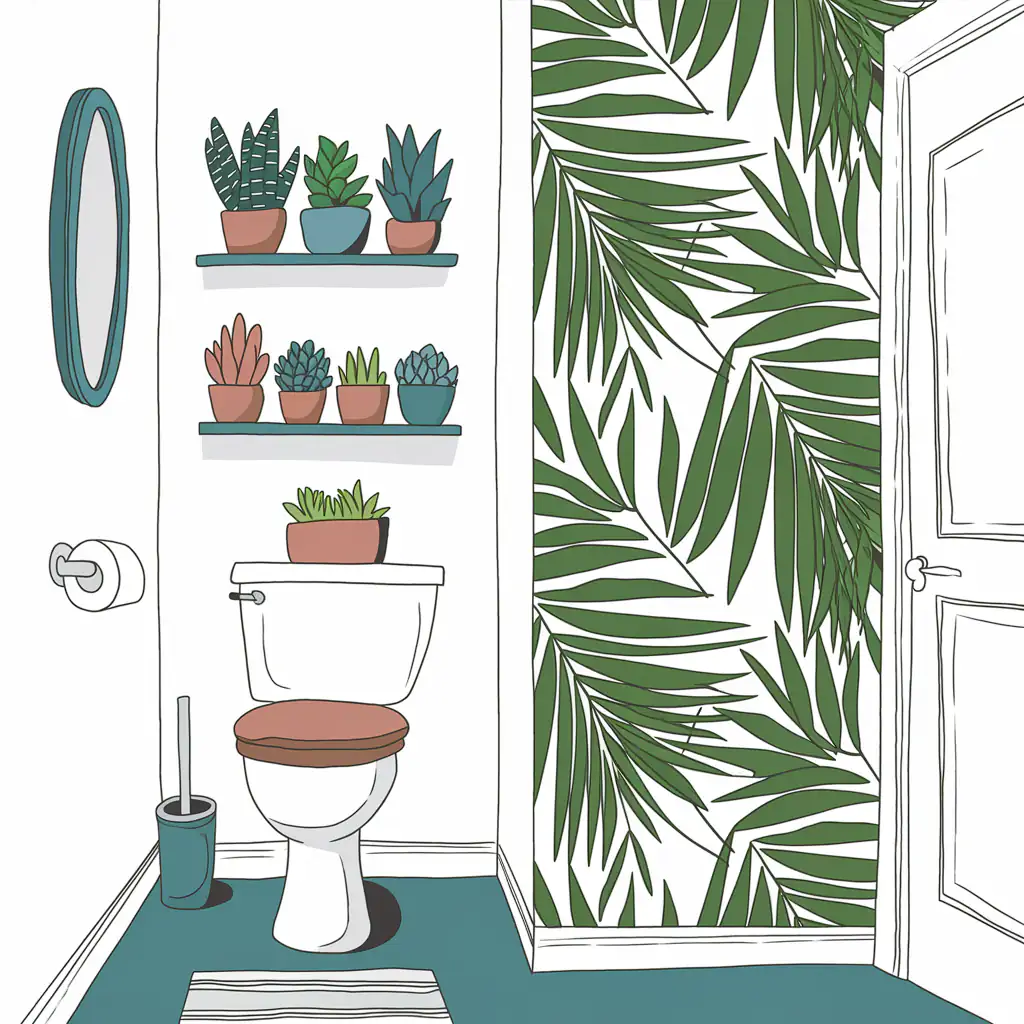 Illustration of a bathroom with leafy wallpaper, a toilet, and the best fake plants on shelves above, adding vibrant greenery without the upkeep.