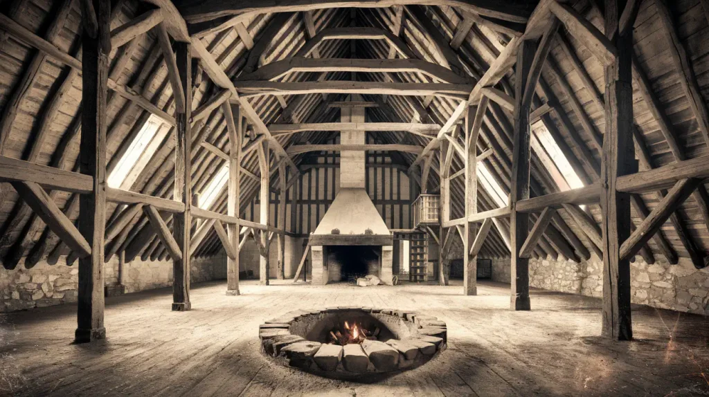 A large, rustic wooden attic with exposed beams and a stone fireplace embodies the barnhouse style. The central fire pit on the wooden floor adds charm to this cozy space.