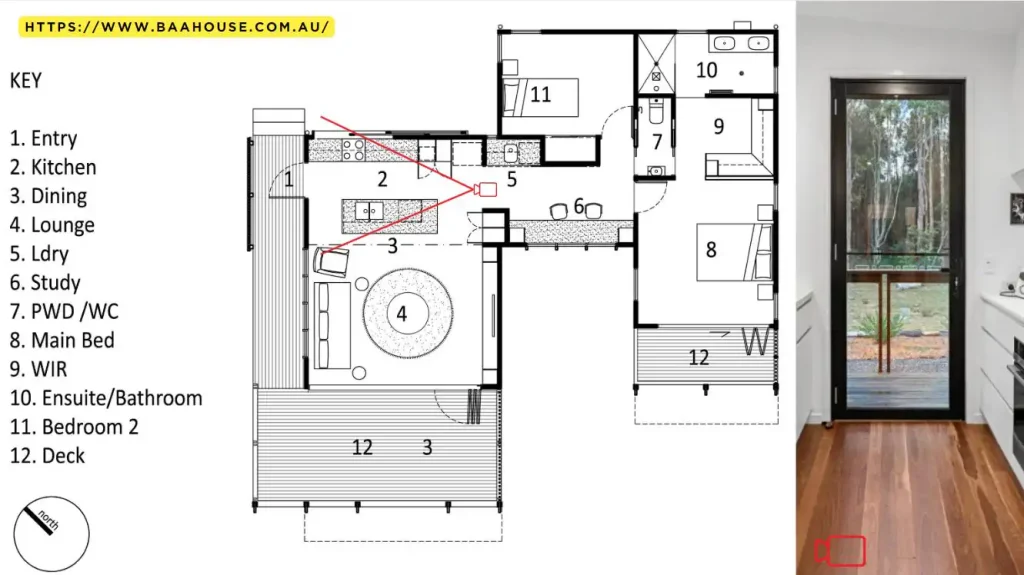 A thoughtfully designed floor plan of a house showcases labeled rooms, complemented by an image of a wooden deck and sliding glass door on the right. Perfect for those considering adding a granny flat to their construct.