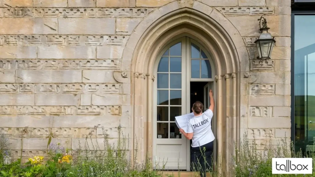 A person is diligently cleaning a tall arched doorway of a stone building, framed by lush plants in the foreground. This charming scene, reminiscent of rustic Somerset barns, captures the essence of timeless craftsmanship.