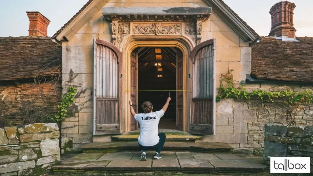 In the charming region of Somerset, a person is measuring a large, ornate wooden entrance with double doors on an old stone building, reminiscent of those picturesque barns for sale in the UK.