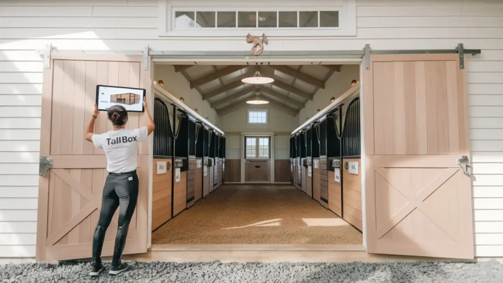 A person in a "TallBox" shirt inspects an open stable with a tablet, considering options to buy barns in Somerset. The bright interior is complemented by neatly symmetrical stalls.