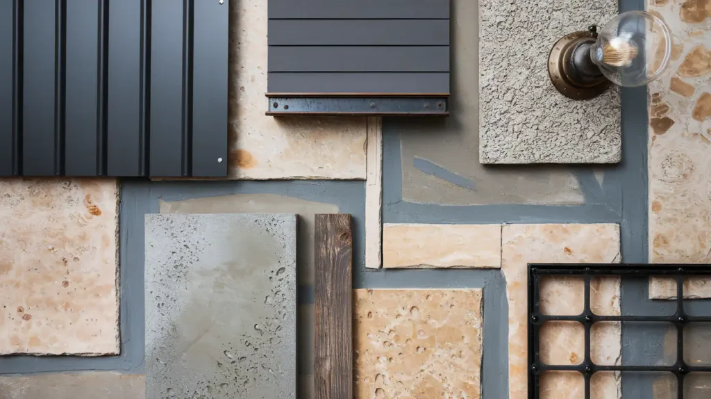 A curated assortment of textured tiles and panels, enhanced by a vintage-style light bulb on a stone background, evokes an inviting Barnhouse Style.