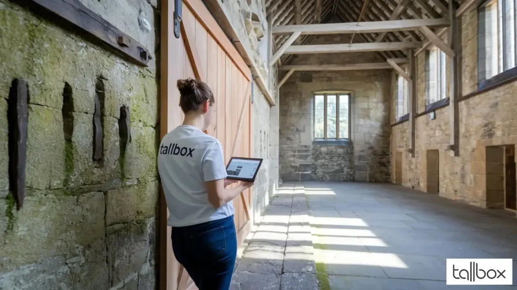 Standing in a rustic stone hallway with wooden beams, a person scrolls on their tablet, wearing a shirt that reads "Tallbox." The setting evokes the charm of North Wales, reminiscent of barns available to buy for those seeking countryside allure.