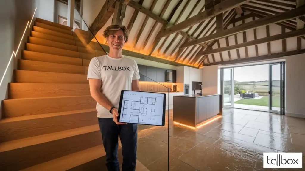 A person holds a tablet displaying floor plans in a modern, open-plan interior, reminiscent of converted barns in North Wales, with stunning wood beams and large windows inviting natural light.