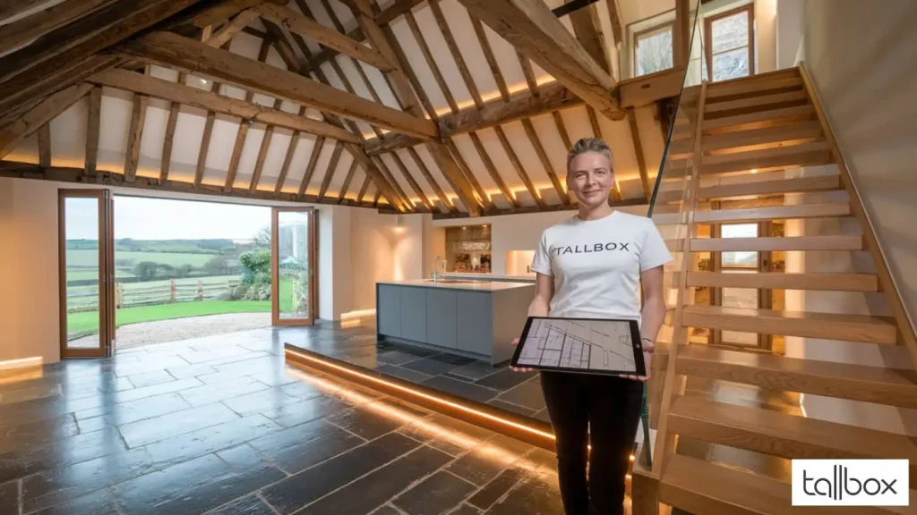 A person in a "tallbox" shirt holds a tablet in a modern renovated barn, offering stunning views of the Cheshire countryside.