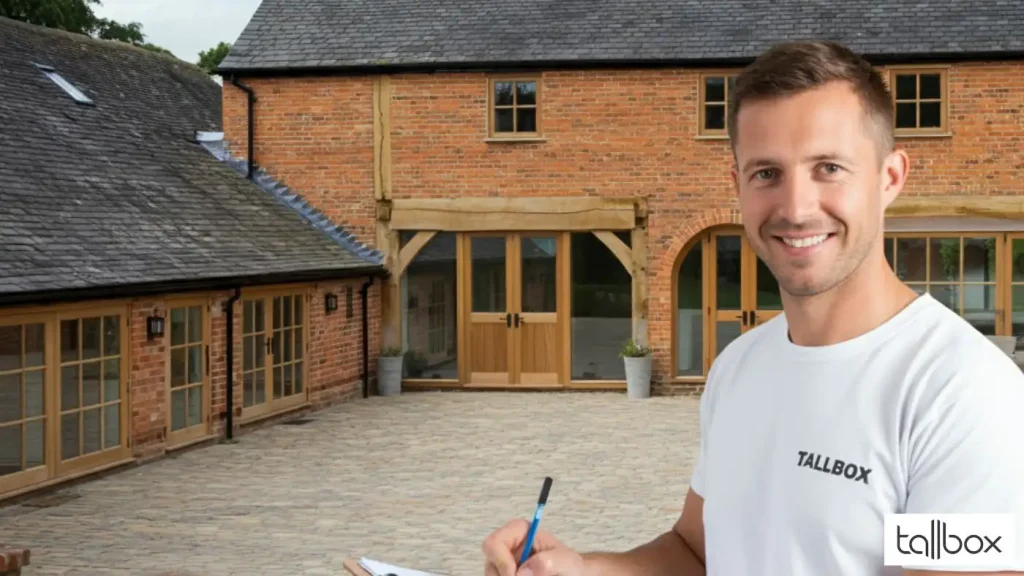A smiling man in a white T-shirt holds a clipboard in front of a charming brick building with large wooden doors, reminiscent of Cheshire barns.