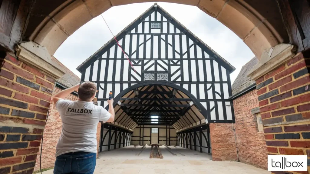 A person is measuring the facade of a historic timber-framed building, reminiscent of traditional barns, with "Tallbox" branding subtly visible. This scenic setup captures the charm of Cheshire's architectural heritage.