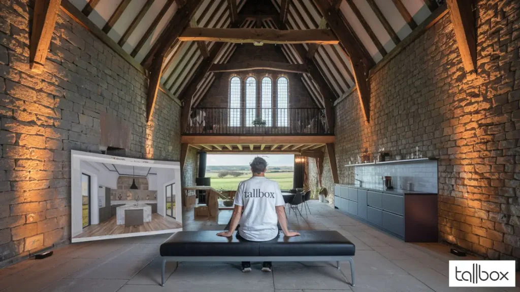 A person sits on a bench in a rustic, converted barn in Cheshire, where vaulted ceilings meet modern interior design elements, offering an inviting blend of history and comfort.