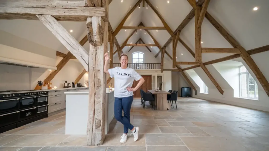 A person in a white shirt stands in a spacious rustic kitchen with wooden beams and a high ceiling, reminiscent of charming Cheshire barns.