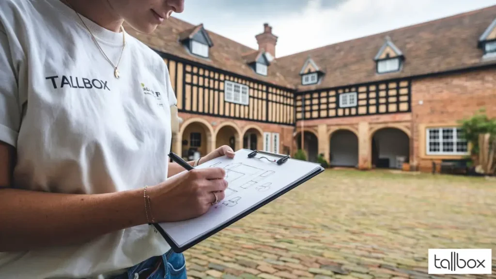 In a courtyard featuring Tudor-style architecture, a person sketches a building on a clipboard, capturing the historic charm of North Wales. A logo is visible on their shirt and the bottom right corner.
