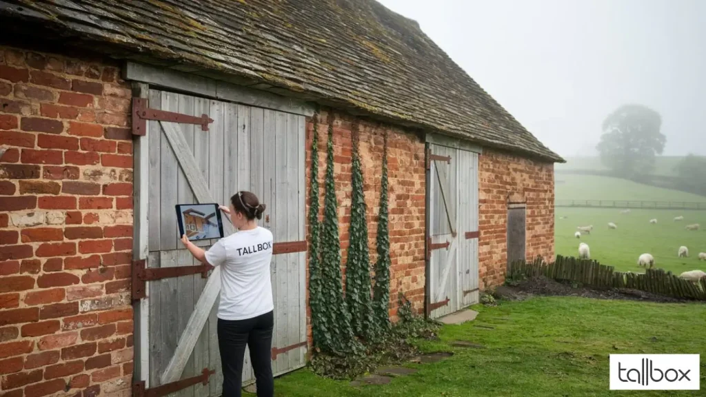 A person capturing the rustic charm of a brick barn in foggy North Wales countryside, where sheep graze peacefully.