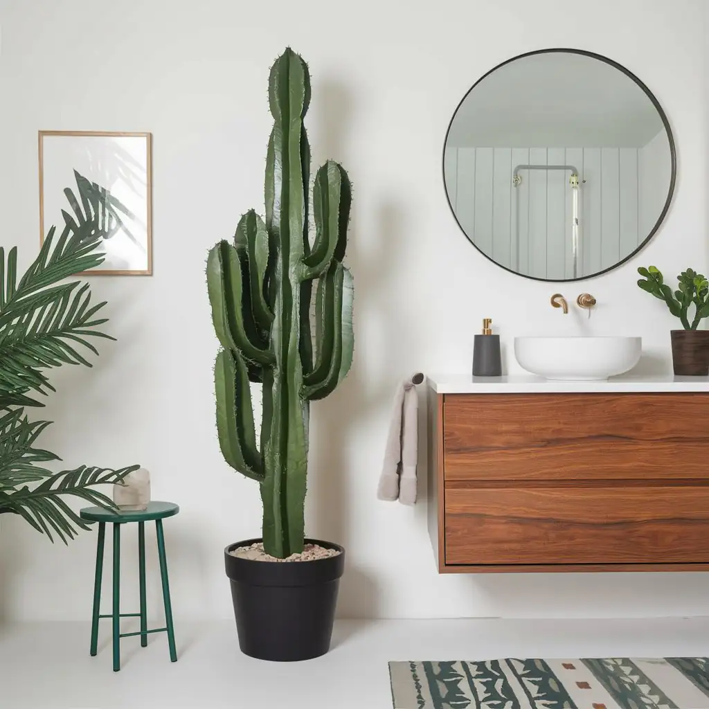 Bathroom featuring a large cactus, round mirror, and wooden vanity, adorned with the best fake plants for a touch of greenery without maintenance.