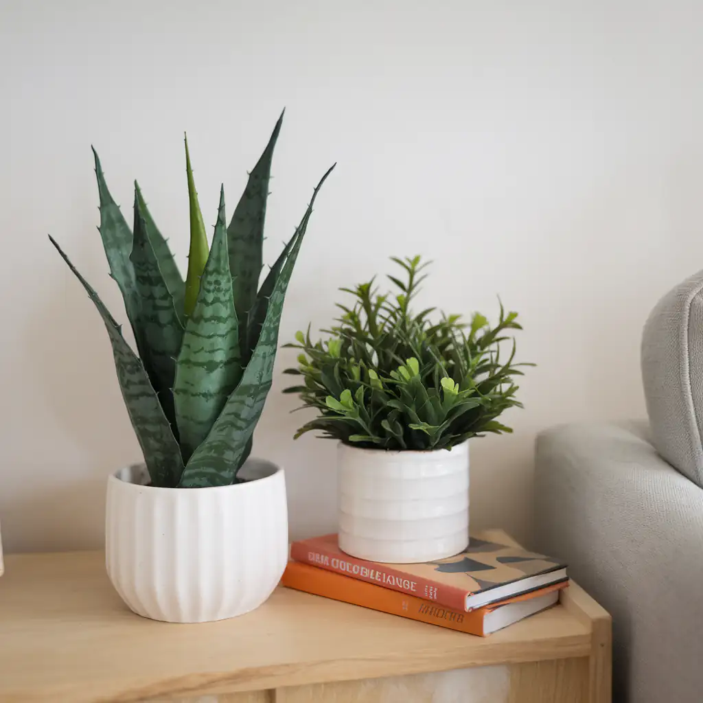 Two of the cheapest faux plants grace a wooden shelf beside three stacked books, adding charm to the scene with a cozy gray sofa in the background.