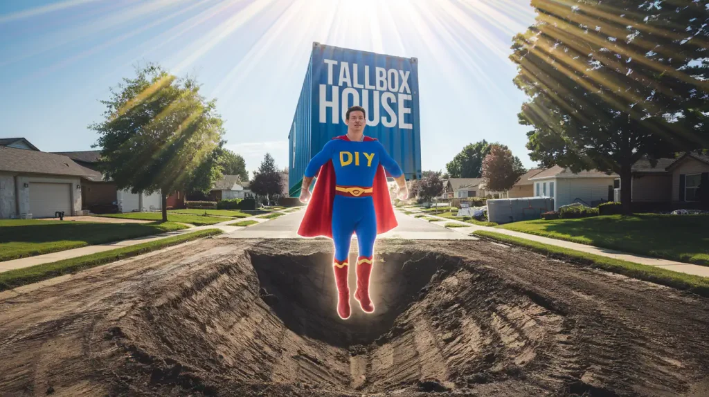 A superhero with "DIY" on their costume stands heroically in a construction pit on a suburban street under sunbeams, embodying the spirit of "Design Your Own Home" while ensuring no home design mistakes are made.