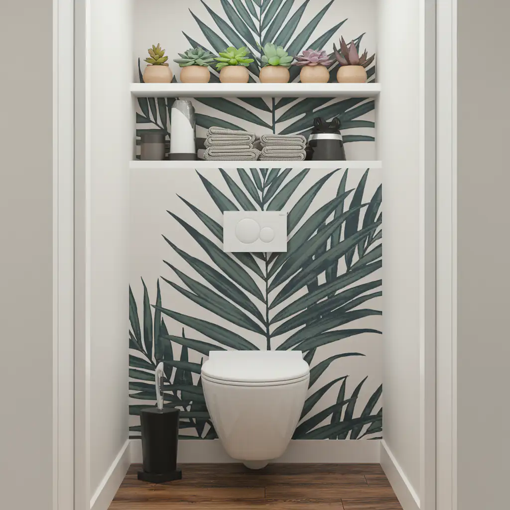 A compact bathroom featuring tropical leaf wallpaper, a wall-mounted toilet, and stylish shelves adorned with towels and fake plants to enhance the bathroom decor.