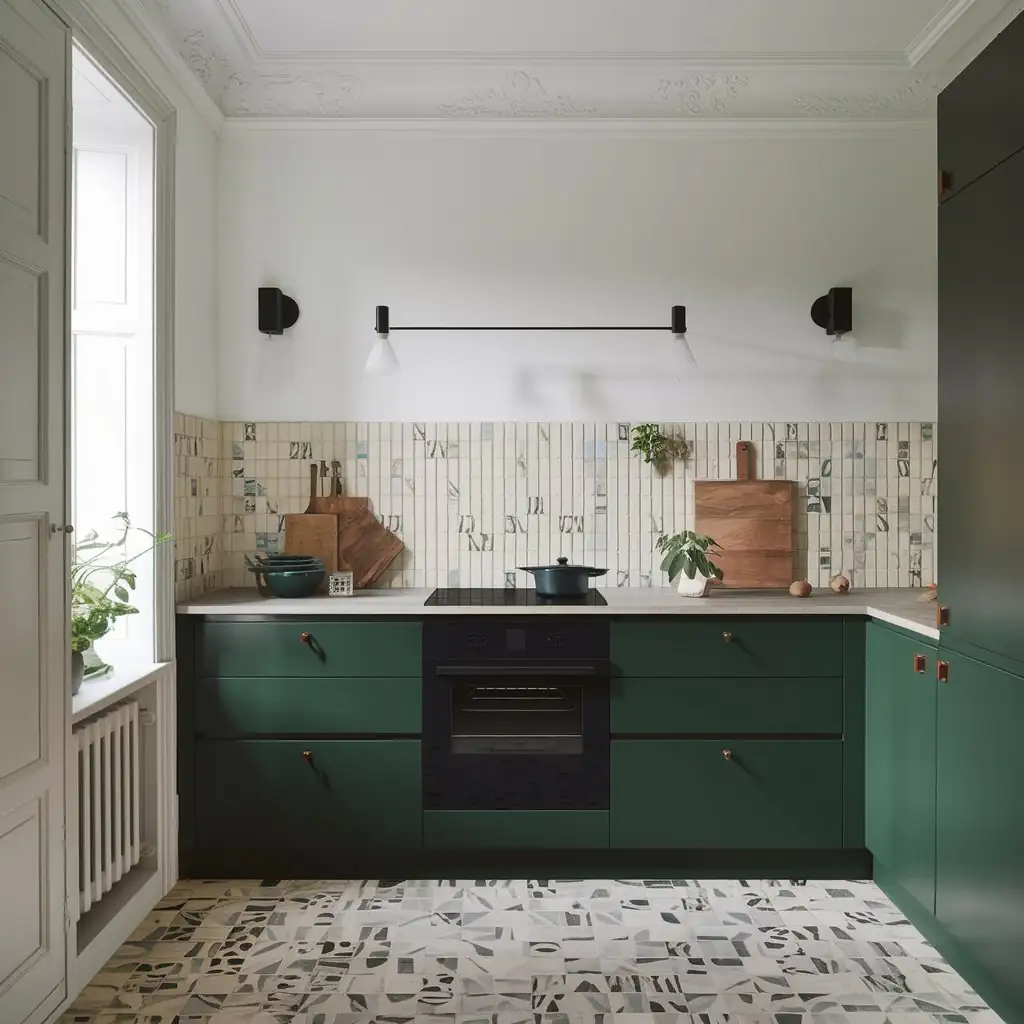Modern kitchen with green cabinets, decorative mosaic tiles, and an abundance of plants. The patterned backsplash complements the tiled floor. Bright light streams in from a large window, enhancing the improved interior design.