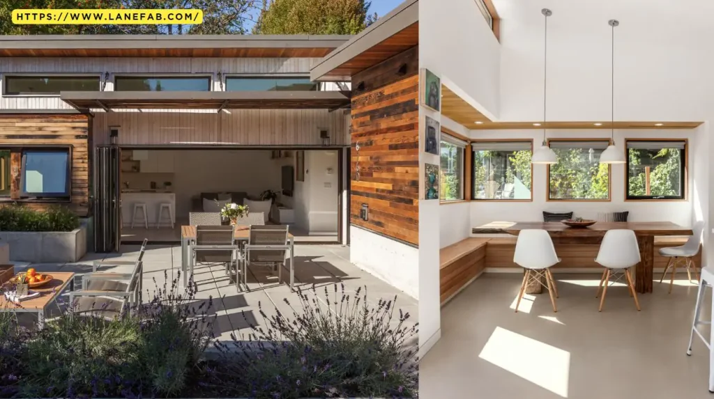 Modern home with a sleek wood exterior; patio features comfortable chairs. Inside, admire the cleverly constructed dining nook with stylish pendant lights illuminating the elegant table. Ideal for those seeking thoughtful design, this home could also serve as a charming granny flat.