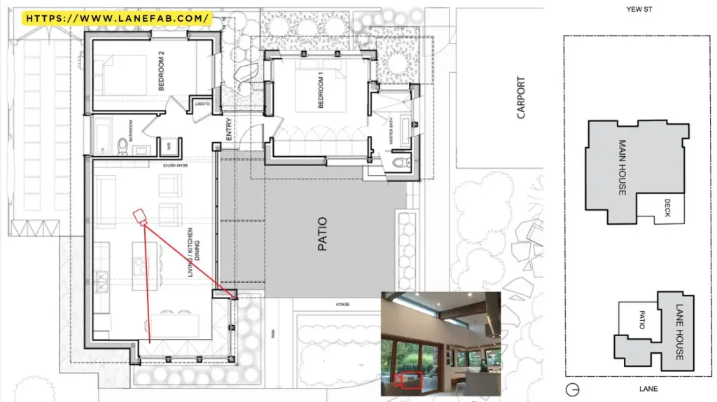 Granny flat design featuring a house floor plan with a patio, carport, and small window view inset at the bottom right corner.