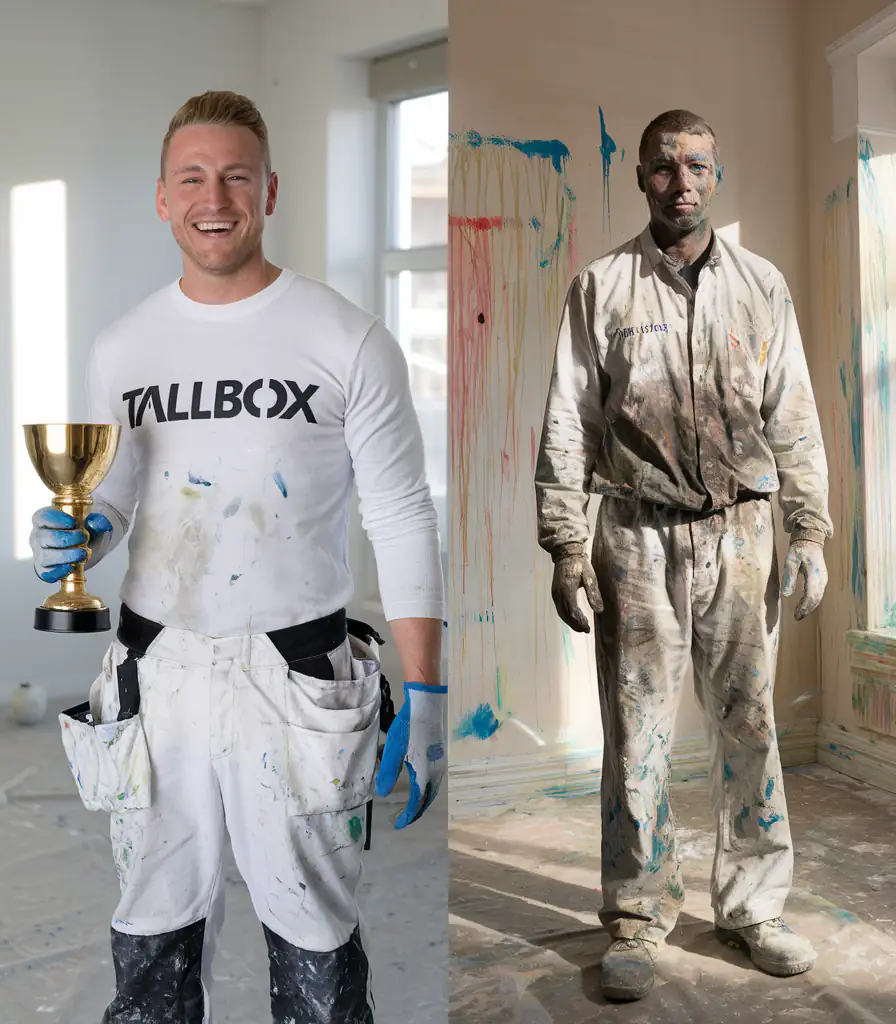 Two men stand side by side. One, with a gleaming trophy and a smile, is dressed in clean clothes; the other, clearly a professional painter, wears paint-stained clothing, ready to tackle any residential needs.