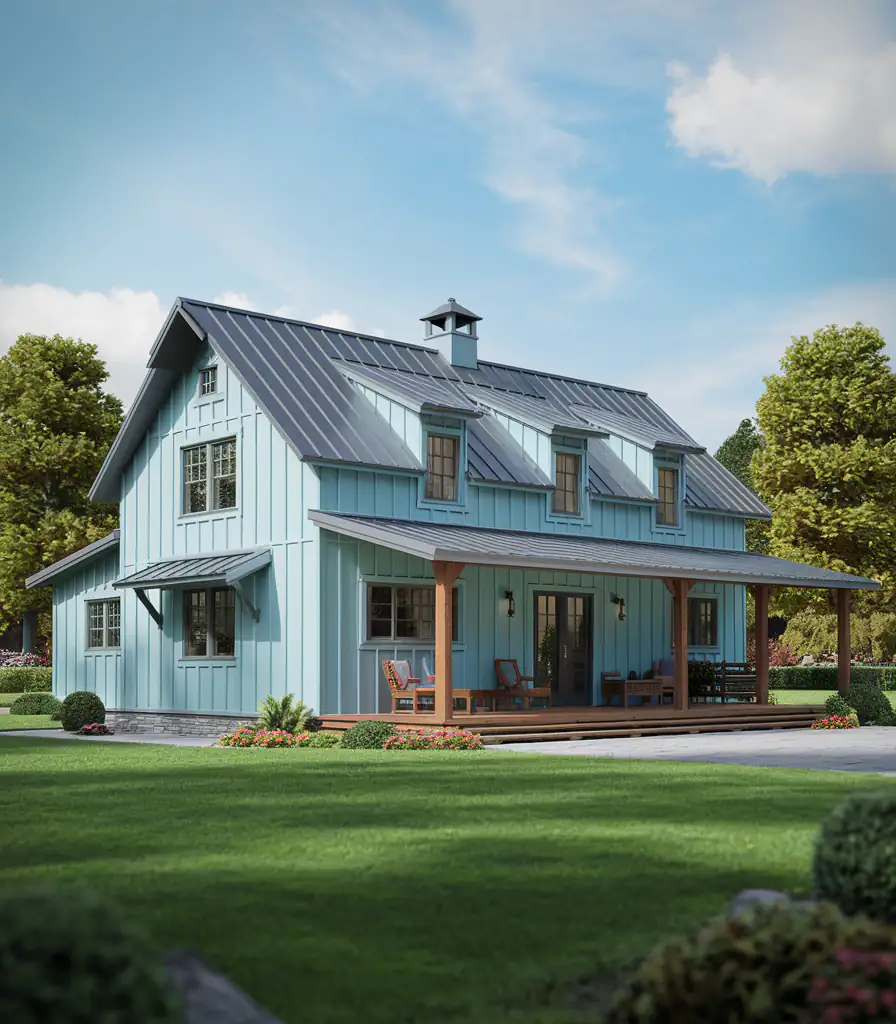 A blue farmhouse with a metal roof, resembling a 30X40 barndominium kit, features a large porch and is surrounded by lush greenery under a partly cloudy sky.