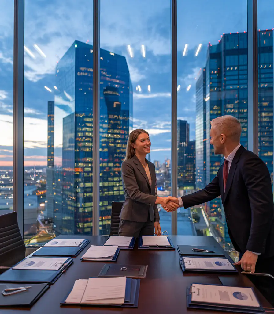 In a conference room with expansive cityscape views, two people in business attire shake hands, sealing a promising business development deal.