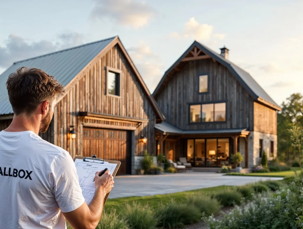 A person with a clipboard stands in front of two modern rustic wooden houses, showcasing exquisite Barnhouse Design, under a partly cloudy sky.