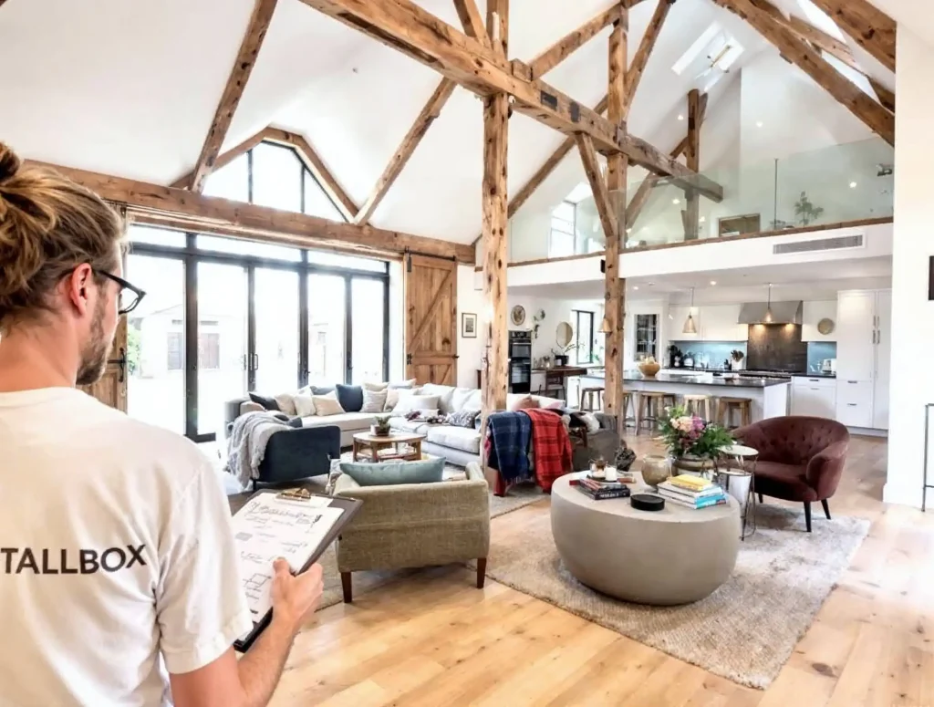 Man with clipboard in spacious, rustic living room featuring barnhouse style with high ceilings, wood beams, and an open kitchen area.