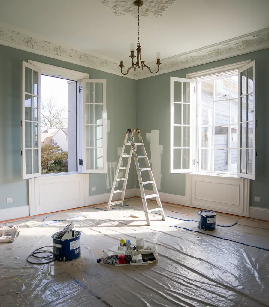 A room with open windows, a ladder, and painting supplies on a plastic-covered floor indicates professional painters are at work. The walls are partially painted, suggesting they've been hired for residential needs.