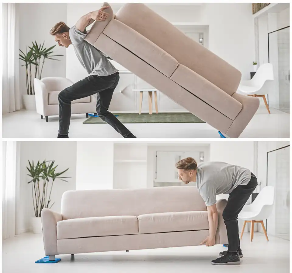 On Moving Day, a person uses a lifting tool to effortlessly move a beige sofa in a bright living room.