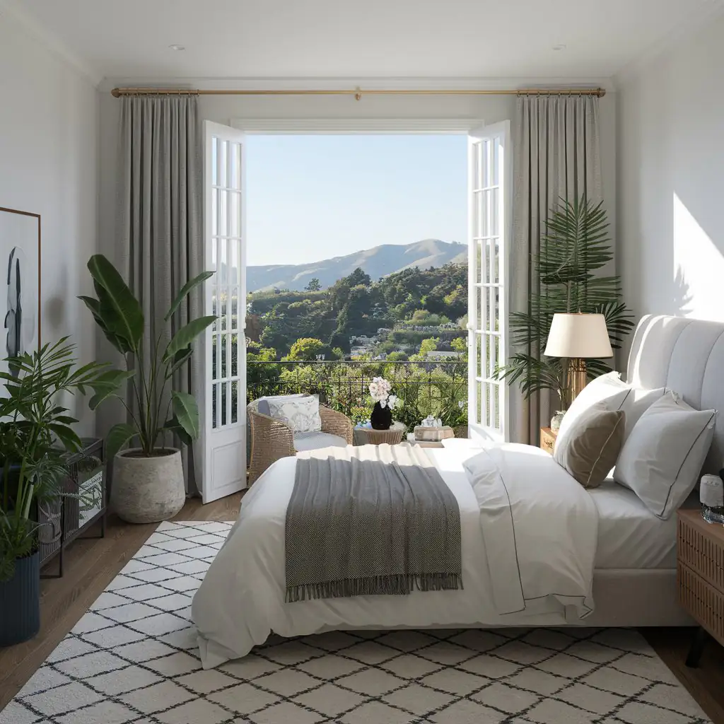 A bedroom with a large bed, adorned by the best fake plants, features open French doors revealing a scenic view of mountains and greenery.