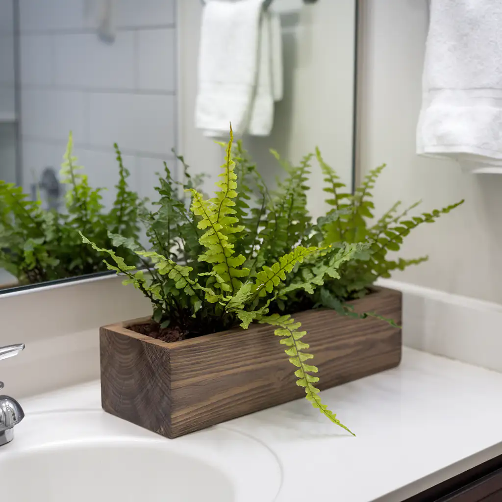 A wooden planter showcasing the cheapest faux plants with lush green ferns sits elegantly on a bathroom counter, complemented by a mirror and towel.