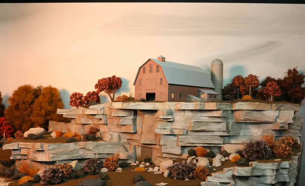 A miniature scenic display of a barn on a rocky cliff, with trees basking under the warm sunset light, captures the essence of nature's beauty—a vision where permitted development rights meet artistic creativity.