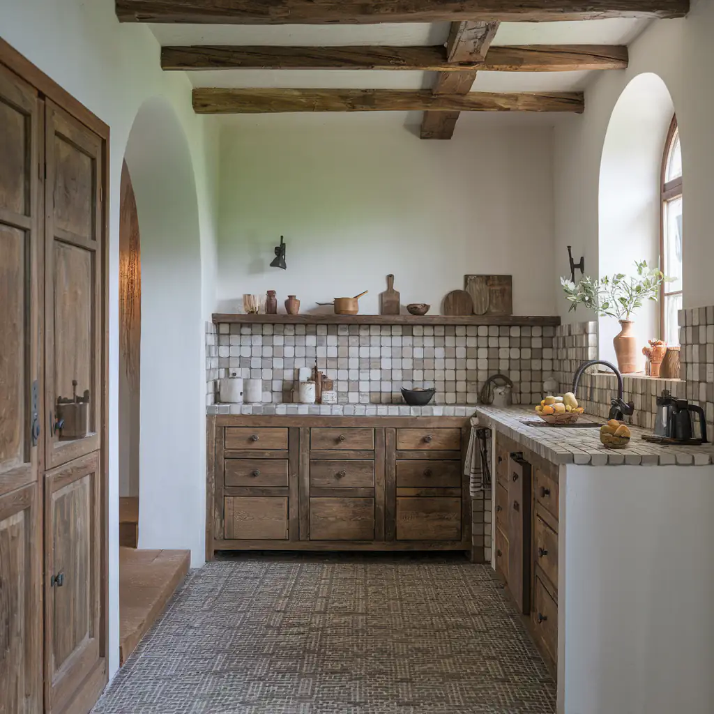 Rustic kitchen with wooden cabinets, a beamed ceiling, and arched windows. The tiled backsplash features decorative mosaic tiles that improve the interior's charm and elegance.