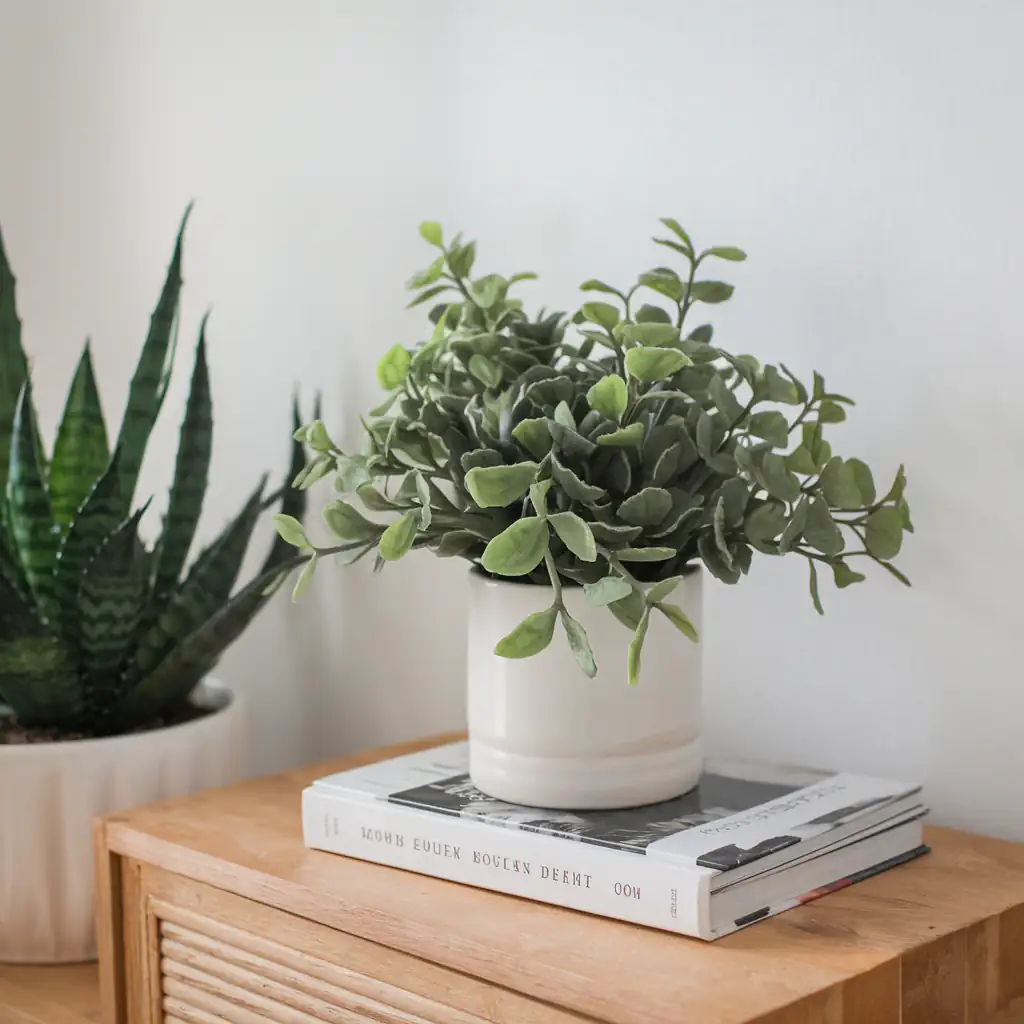 A potted plant on top of books, complemented by the charm of the cheapest faux plants, graces a wooden table.