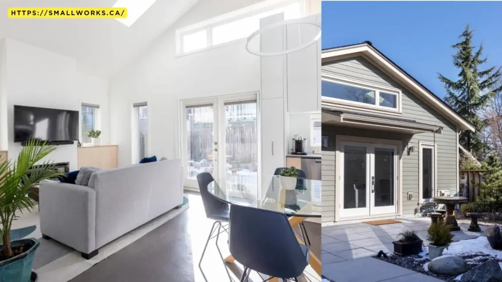 Modern tiny home interior and exterior, featuring bright indoor living space and a well-constructed patio with greenery. Perfect design elements make this granny flat a cozy yet stylish retreat.