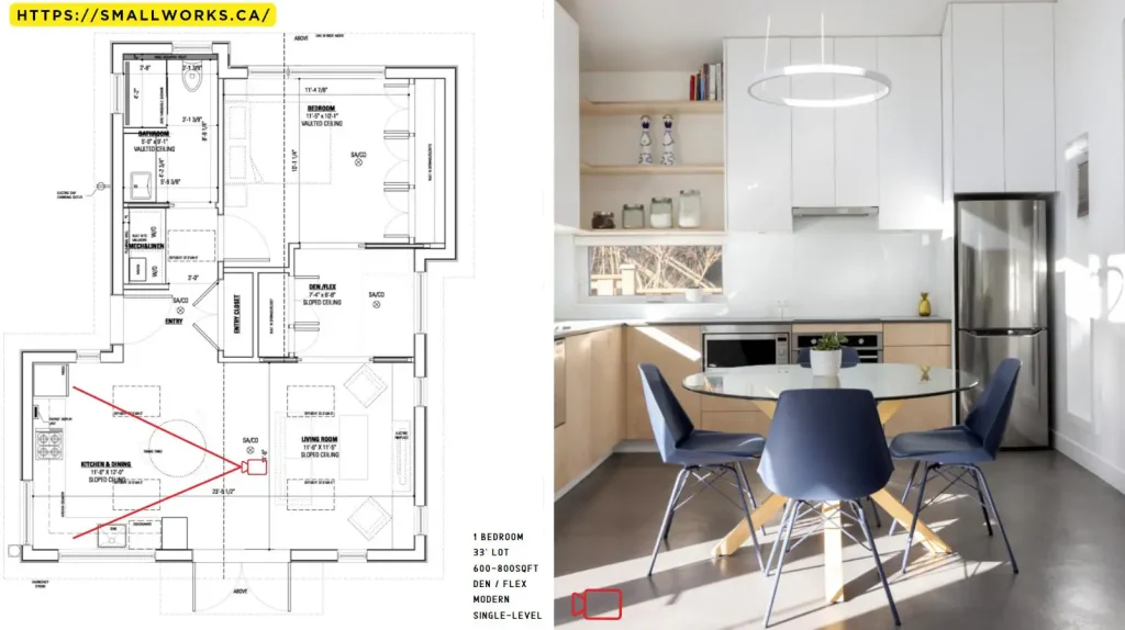 Blueprint of a 1-bedroom granny flat next to a modern kitchen with a round table and blue chairs, showcasing a thoughtful design.