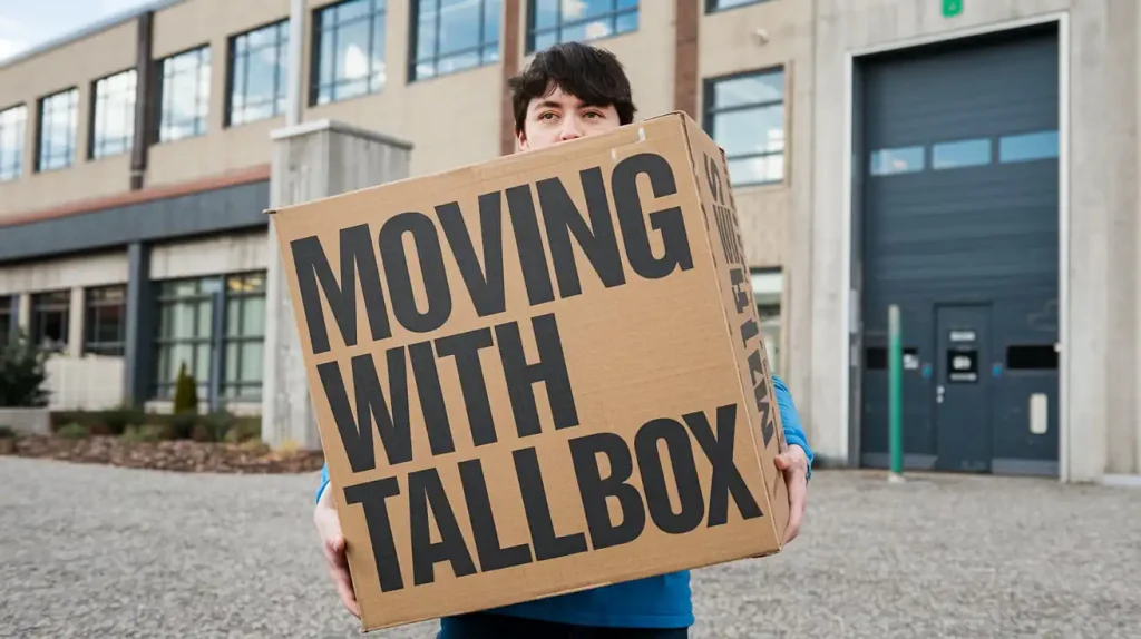 A person stands in front of a building, managing a large box labeled "MOVING WITH TALLBOX," efficiently preparing for the challenge of Moving Day.