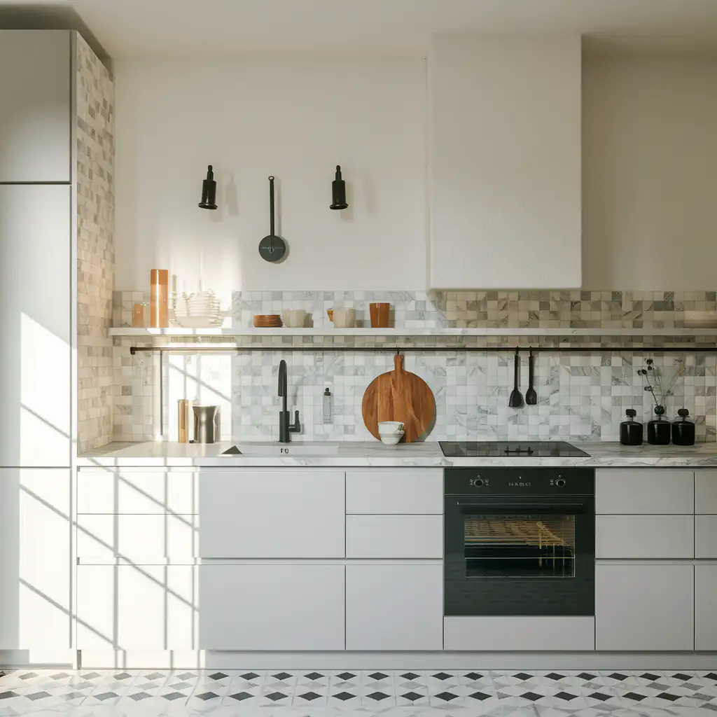 A modern kitchen with white cabinets, decorative mosaic tiles on the marble backsplash, and sleek black fixtures. Sunlight streams through large windows, enhancing the improved interior.